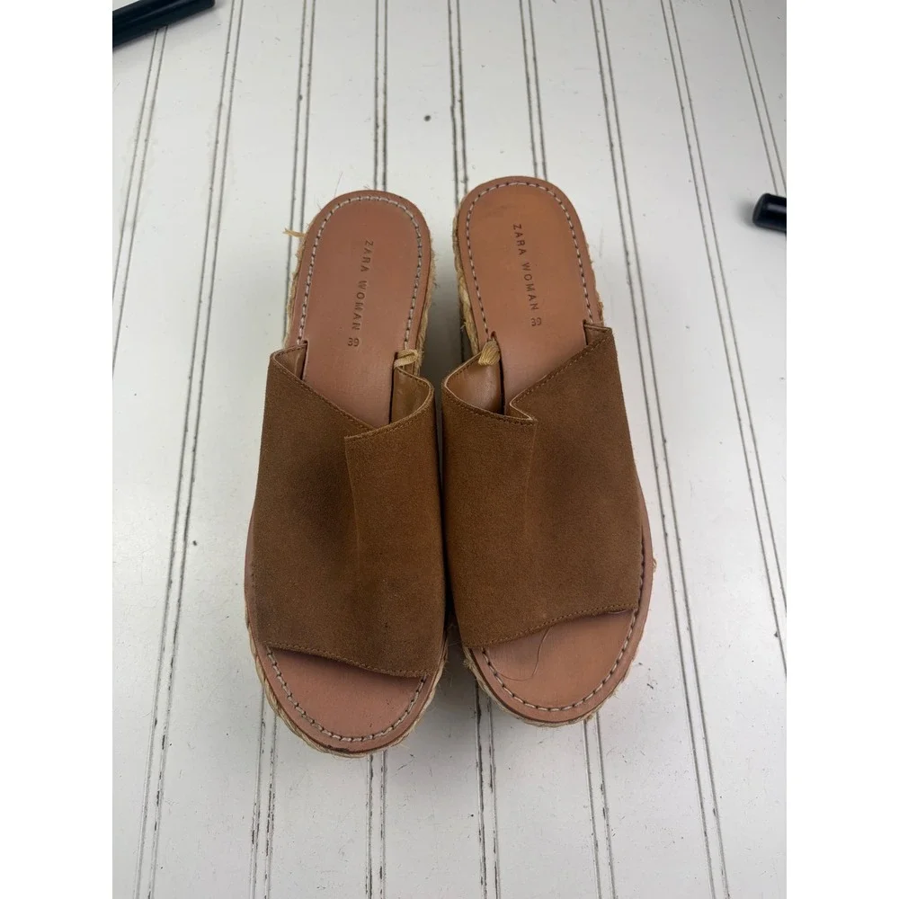 Zara Brown Suede Platform Espadrille Slide Wedge Sandals Women's Size 8-8.5